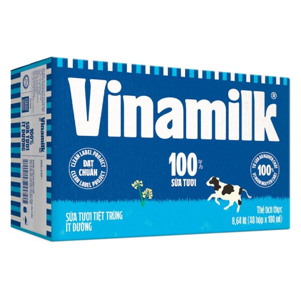 Thùng 12 Lốc 4 Sữa Tươi Tiệt Trùng Vinamilk 100% Ít Đường Hộp 180Ml