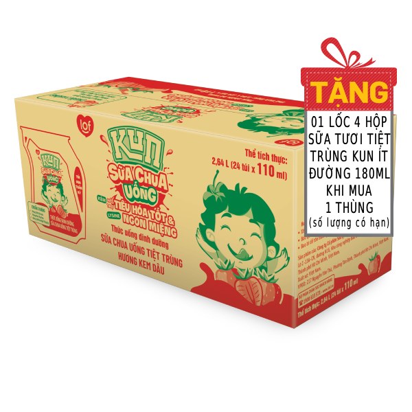 Sữa Chua Uống Kun Kem Dâu Thùng 24 Túi 110Ml