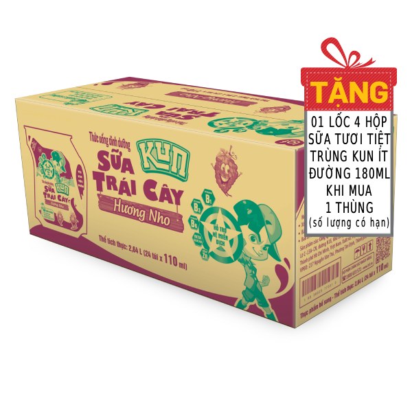 Sữa Trái Cây Lif Kun Nho Thùng 24 Túi 110Ml