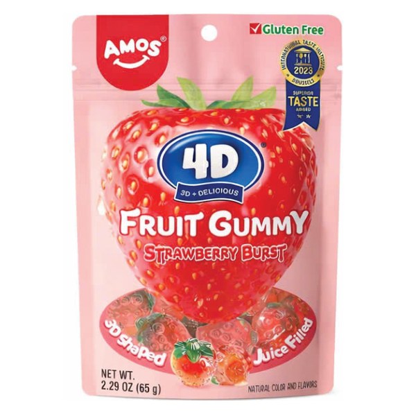 Kẹo Dẻo Amos 4D Có Nhân Vị Dâu Gói 65G