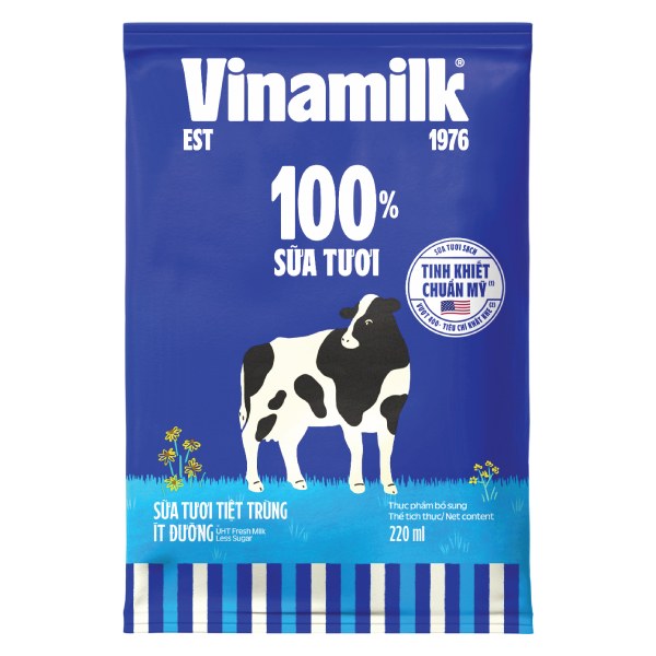 Sữa Tươi Tiệt Trùng Vinamilk 100% Ít Đường Bịch 220Ml