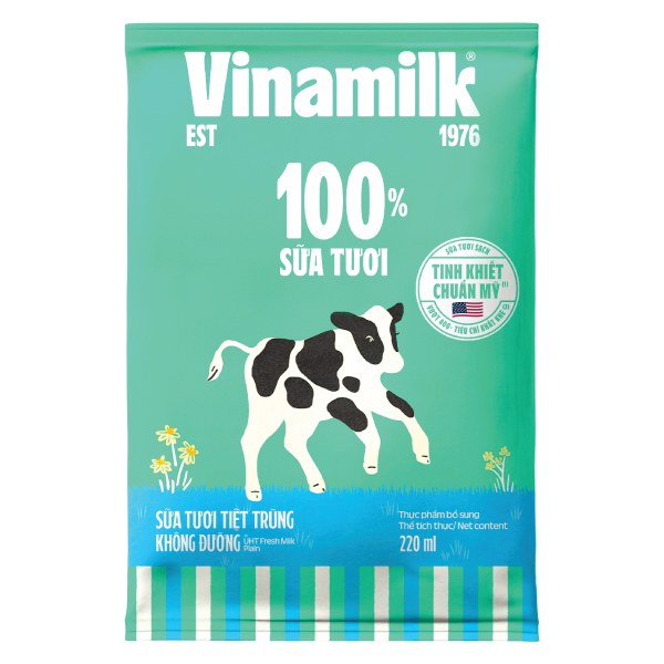 Sữa Tươi Tiệt Trùng Vinamilk 100% Không Đường Bịch 220Ml