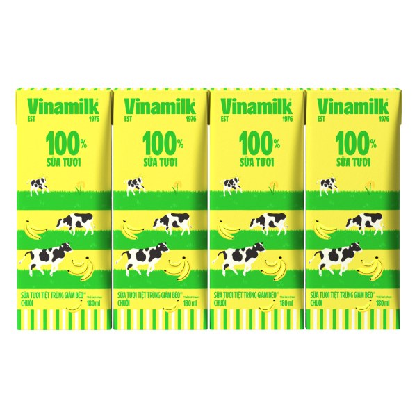 Lốc 4 Sữa Tươi Tiệt Trùng Vinamilk 100% Giảm Béo Vị Chuối 180Ml