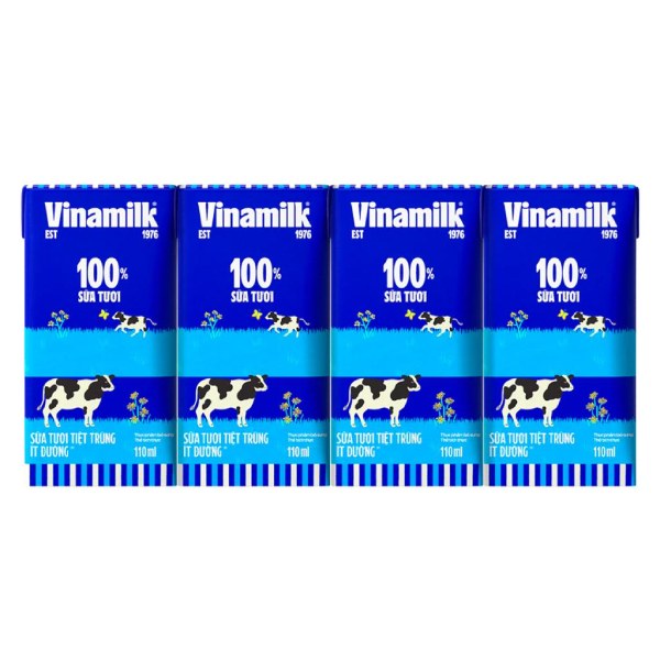 Lốc 4 Sữa Tươi Tiệt Trùng Vinamilk 100% Ít Đường 110Ml