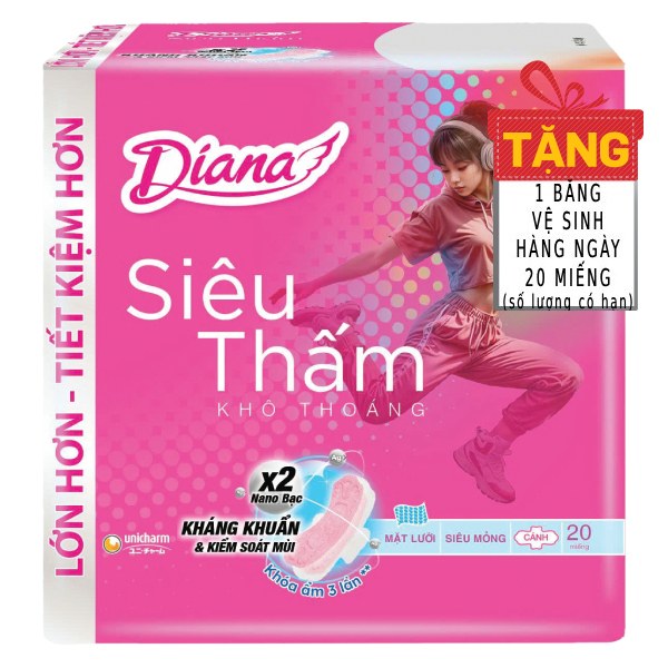 Băng Vệ Sinh Diana Siêu Thấm Siêu Mỏng Cánh Gói Lớn 20 Miếng