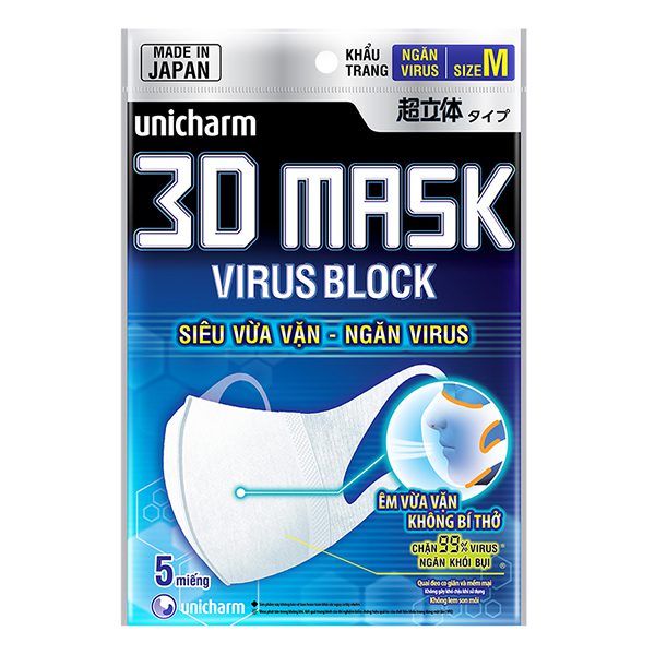 Khẩu Trang Unicharm 3D Ngăn Virus Size M Bịch 5 Cái