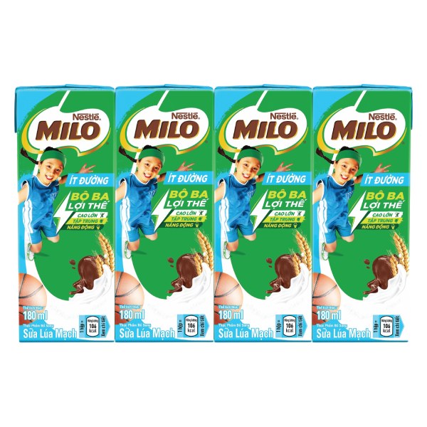 Lốc 4 Thức Uống Lúa Mạch Nestle Milo Ít Đường Hộp 180Ml