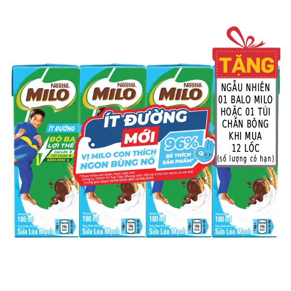 Lốc 4 Thức Uống Lúa Mạch Nestle Milo Ít Đường Hộp 180Ml