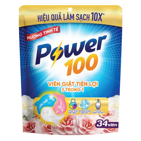 Viên Giặt Tiện Lợi Power 100 3IN1 Hương Tinh Tế Túi 34 Viên