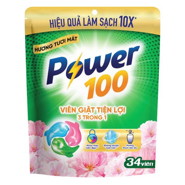 Viên Giặt Tiện Lợi Power 100 3IN1 Hương Tươi Mát Túi 34 Viên