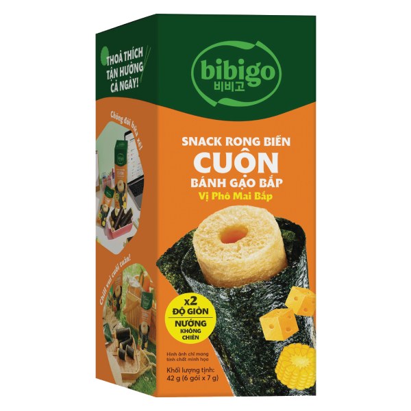 Snack Rong Biển Bibigo Cuộn Bánh Gạo Bắp Phô Mai Hộp 42G