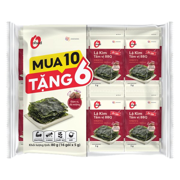 Lốc 10+6 Rong Biển Lá Kim O'Food BBQ Gói 5G