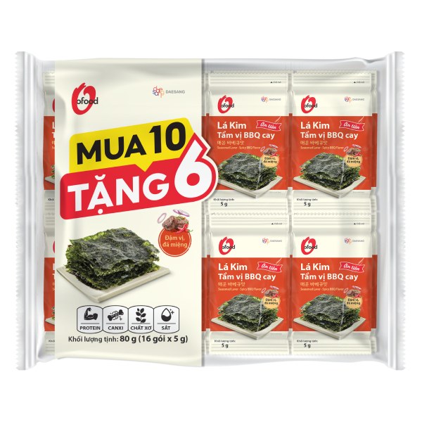 Lốc 10+6 Rong Biển Lá Kim O'Food BBQ Cay Gói 5G
