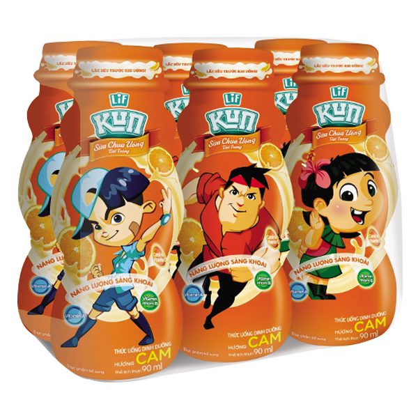 Lốc 6 Sữa Chua Uống Tiệt Trùng Lif Kun Kem Cam Chai Nhựa 90Ml