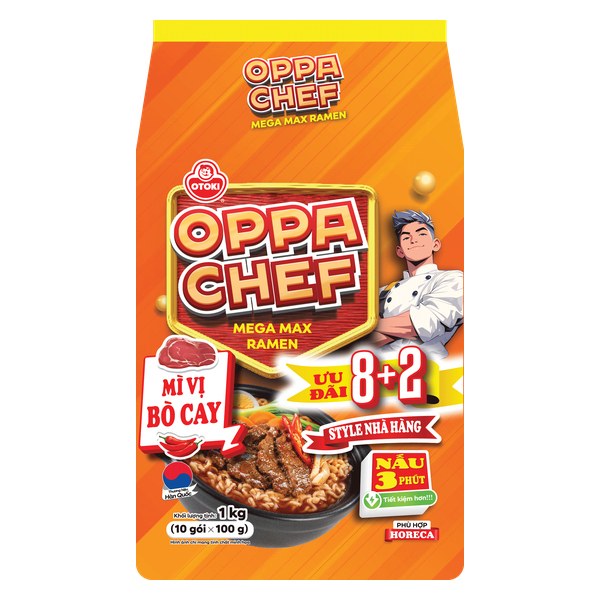 Lốc 8+2 Mì Otoki Oppa Chef Bò Cay Gói 100G