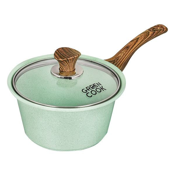 Nồi Đúc Men Đá Đáy Từ Green Cook Xanh Ngọc Cán Gỗ Dài GCS05-18IH 18Cm
