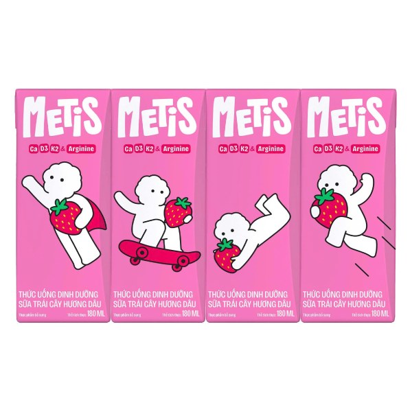 Lốc 4 Sữa Trái Cây Metis Hương Dâu Hộp 180Ml