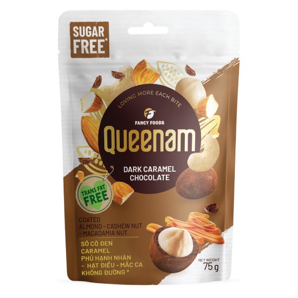 Socola Queenam Phủ Hạt Không Đường Đen Caramel Gói 75G
