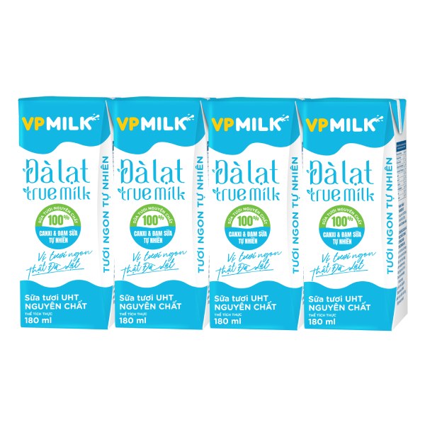 Lốc 4 Sữa Tươi Tiệt Trùng VP Milk Đà Lạt True Milk Không Đường 180Ml