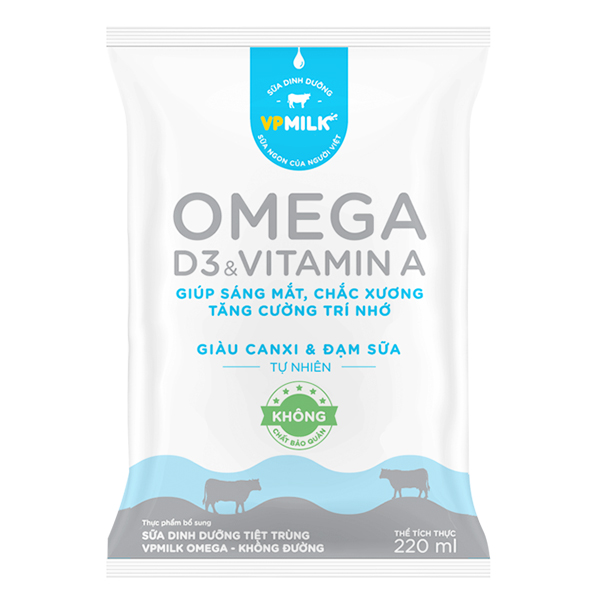 Sữa Dinh Dưỡng Tiệt Trùng VP Milk Omega Không Đường Bịch 220Ml