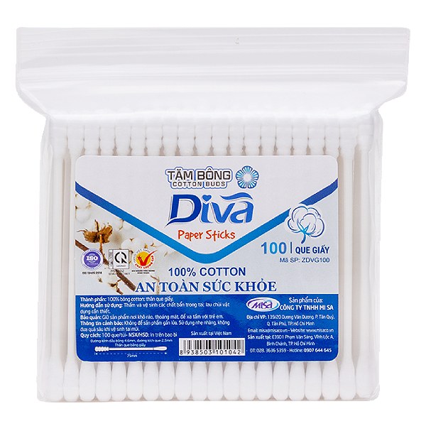 Tăm Bông Diva Gói 100 Que Giấy