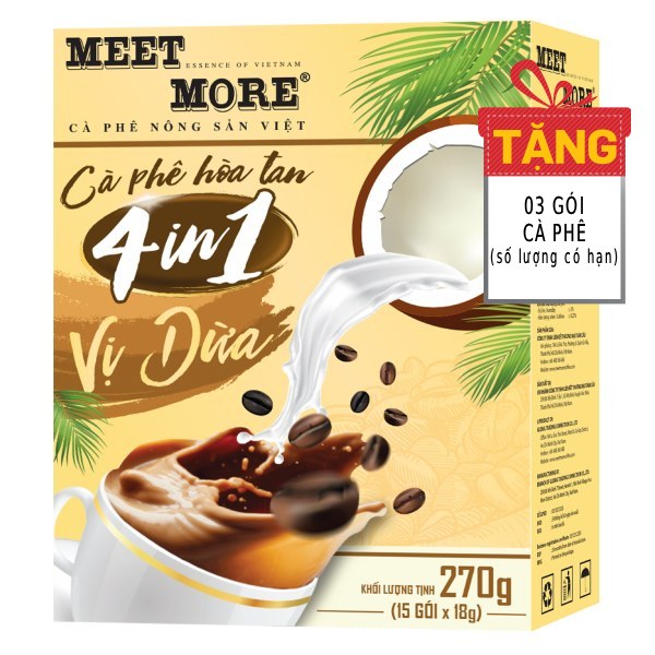 Cà Phê Hòa Tan Meet More 4IN1 Vị Dừa Hộp 15 Gói*18G