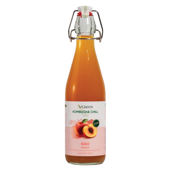 Trà Kombucha Vgreen Chill Đào Chai Thủy Tinh 500Ml