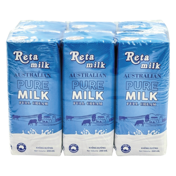 Lốc 6 Sữa Tươi Tiệt Trùng Nguyên Chất Reta Milk Không Đường 200Ml