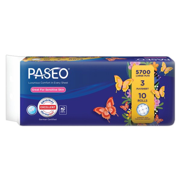 Lốc 10 Cuộn Giấy Vệ Sinh Paseo Hoa Văn Có Lõi 3 Lớp